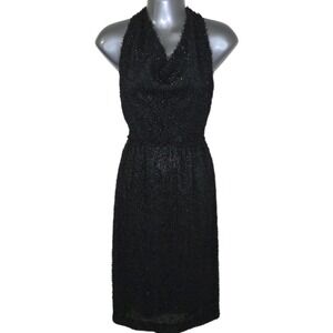 Vintage Impromptu Black Halter Evening Dress Textured‎ Sparkle Midi